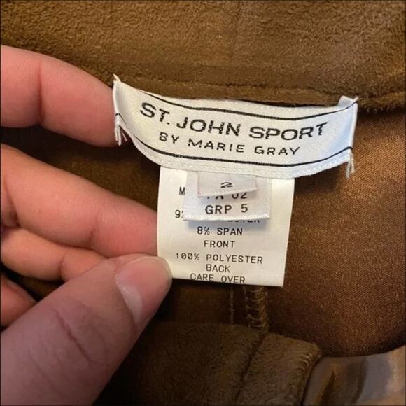 Vintage St. John Sport Faux Suede Pants y2k Slit Chain Floral Embroidery Tan 2 - Picture 5 of 6